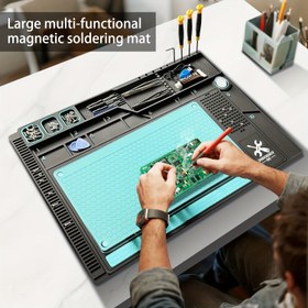 Resim Isıya Dayanıklı Manyetik Lehimleme Matı ile Kaymaz Yalıtım & Turkuaz Yüzey - Büyük Çok Fonksiyonlu PVC/Silicone Elektronik Tamir Masası, İşlevsel Alanlar ile PCB, Telefon Bakımı ve Hobi için Profesyonel Tezgah 