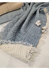 Resim Gidia Denim Mavi 7 Katlı Çift Taraflı Dolgulu Müslin Bebek - Çocuk Battaniyesi Pamuk 110 x 110 CM Mavi 