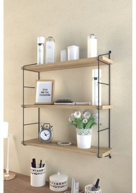 Resim Eva Metal Tasarim Modern Büyük Boy 3 Katlı Duvar Rafı Çam Desenli 