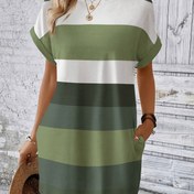 Resim Kadın Yazlık Çizgili Yuvarlak Yaka Örgü Polyester Tunik Elbise 