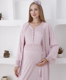 Resim Uzun Kollu Gecelik Ve Sabahlıklı 2’li Hamile/lohusa Takımı - 2285 - Pembe / M / Terlik ve Taç Seti İstemiyorum 