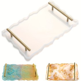 Resim Silikon Reçine Tepsi Kalıbı, Büyük Düzensiz Tepsi Kalıbı Epoksi Reçine Kalıbı 2 Metal Saplı Kolay Demold Silikon Coaster Kalıpları Yapmak İçin Sahte Akik Tepsi 
