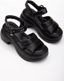 Resim Kadın Dolgu Topuk Sandalet Siyah 2 Kalın Bantlı Cilt-3854 Siyah 