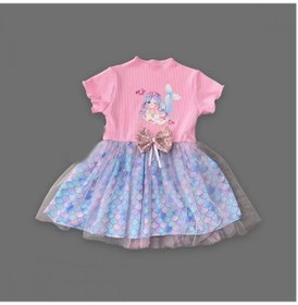 Resim 1-2-3 Yaş Denizkızı Baskılı Pul Desen Etekli Kız Bebek Elbisesi Pembe Pembe 