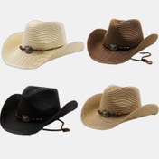 Resim 1 adet Unisex Geniş Kenarlı Batı Kowboy Hasır Şapka, Metal Böcek Süsü ve Ayarlanabilir Askı ile - Partiler, Günlük Giyim, Seyahat için Şık Şövalye Şapkası - Erkekler ve Kadınlar için İdeal Hediye (Rüzgar Geçirmez Kordon Dahil Değil), Kowboy Şapkası 