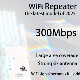 Resim 2025 WiFi Genişletici Amplifikatör - 6 Antenli, 300Mbps Çift Bantlı, 10,000 Kv. Metre Kapsama Alanı, Yatak Odaları/Ön Odalar/Kafeler için 2.4GHz Sinyalini Uzatır, 88 Cihazla Uyumlu, AB Fişi (100-240V), Kafe İnternet Güçlendirici | Modern Router Tasarımı | Gelişmiş Ağ Teknolojisi, Ev İçin Wifi Sinyal Güçlendirici 