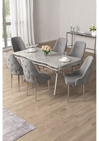 Resim Canisa Vae Serisi 90x160 Lak Panel Beyaz Mermer Desen Krom Ayak Masa Takımı 6 Gri Sandalye Beyaz Mermer Desen Masa Sandalyeler Gri 