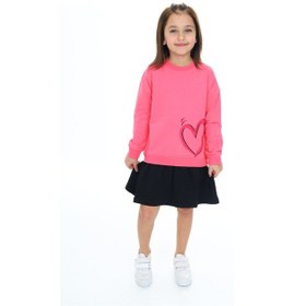 Resim Toontoy Kız Çocuk Eteği Kadife Kalp Baskılı Elbise Fuşya 