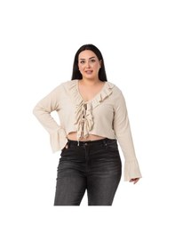 Resim Disentis Büyük Beden Yakası Ve Kolu Fırfır Detaylı Bağlamalı Bej Rengi Bolero-bej Bej 