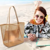 Resim Şık Katlanabilir Plaj Çantası, Delikli File Çanta, Tek Omuzlu Şeffaf Delikli Çanta, Büyük Kapasiteli Tatil Tote Çantası, Seyahat ve Alışveriş için Taşınabilir Mayo Saklama Kılıfı 