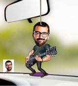 Resim Bk Gift Kişiye Özel Gitarist Karikatürlü Ahşap Araba Dikiz Ayna Süsü-1 