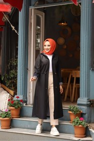 Resim Vibeys Collection Siyah İçi Çizgili Ve Kapüşonlu Su Geçirmez Kadın Trençkot 