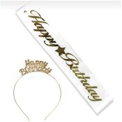 Resim Happy Birthday Taç Ve Kuşak Seti Doğum Günü Set Beyaz Kumaş Gold 