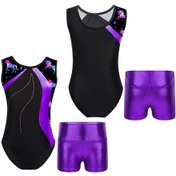 Resim Mor Çocuk Kız Kolsuz Baskılı Patchwork Leotard Metalik Yüksek Bel Şort Setleri Dans Pateni Jimnastik Tulum Mor 