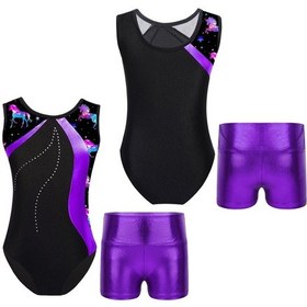 Resim Mor Çocuk Kız Kolsuz Baskılı Patchwork Leotard Metalik Yüksek Bel Şort Setleri Dans Pateni Jimnastik Tulum Mor 