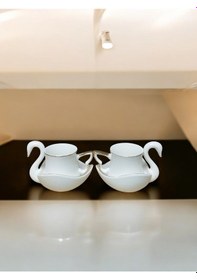 Resim Kuğu Tasarımlı Porselen Türk Kahvesi Fincanı Ve Tabak Seti - 2 Fincan, 2 Kuğu Tabak Beyaz 