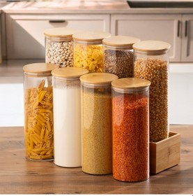 Resim Porsima 418 8li Yuvarlak 1750 Ml Bambu Vakumlu Kapaklı Cam Kavanoz Seti Saklama Kabı 10x25cm Şeffaf 