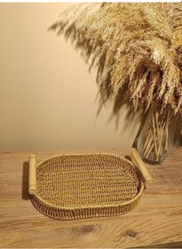Resim Hasır Rattan Bambu Kulplu Örme Tepsi Küçük Boy Oval Diğer 