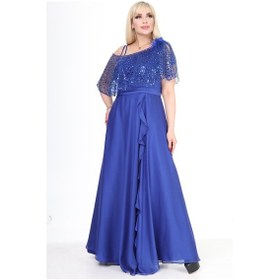 Resim Ladies First Büyük Beden 3858 Saks Uzun Abiye Elbise 001 