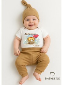 Resim Babyden's Ablasının Aslanı Yazılı 3 Lü Bebek Takımı %100 Pamuklu Çıtçıtlı Kısa Kol Body, Şapka Ve Fitilli Pantolon Set Kahverengi 