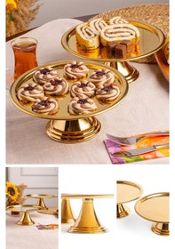 Resim 2'li Gold Yuvarlak, Ayaklı Şık Kek, Pasta, Kurabiye Ve Tatlı Servis Sunum Standı Gold 