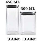 Resim Kitchen Design Lab Vakum Krom Kapaklı Kare Cam Kavanoz 450 ML 300 ML Saklama Kabı 6 Adet 