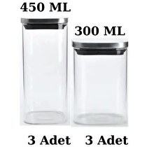 Resim Kitchen Design Lab Vakum Krom Kapaklı Kare Cam Kavanoz 450 ML 300 ML Saklama Kabı 6 Adet 