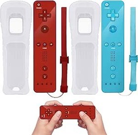 Resim Wii uzaktan kumanda, 2 x Wii Controller oyun denetleyicisi, kablosuz uzaktan hareket sensörü, Wii ve Wii konsolu için yedek oyun kumandası, silikon kılıf ve el kayışı ile (kırmızı + açık mavi) 