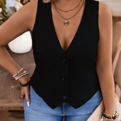 Resim Plus Beden Kadın Kolsuz Yelek - Siyah Düğmeli Ofis Blazer Yeleği, Bahar/Yaz için Hafif Makinede Yıkanabilir Katmanlı Parça ve Profesyonel Giyim için Notch Sırtlı Kazak Yeleklere 