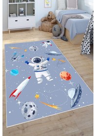 Resim Dijital Baskılı Dekoratif Kaymaz Taban Yıkanabilir Uzay Temalı Modern Çocuk Halısı Gri 