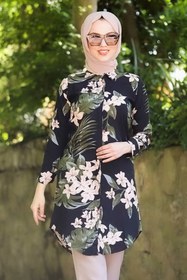 Resim Neva Style Çiçek Desenli Siyah Tesettür Viskon Tunik 10520S 