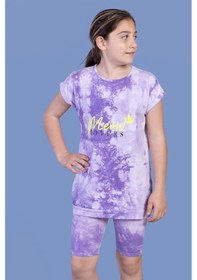 Resim Toontoy Kids Toontoy Kız Çocuk 2'li Takım Baskılı Bisiklet Yaka T-shirt & Basic Düz Crop Tayt Lila 