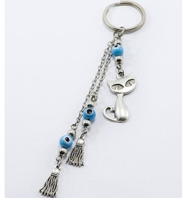 Resim Gümüş Renkli Püsküllü Mavi Nazar Boncuklu Kedili Anahtarlık, Salk 