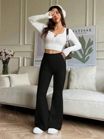 Resim Kadın Yüksek Bel Ispanyol Paçalı Pantolon Tayt - Siyah / 2XL-3XL 