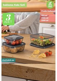 Resim 3 Lü Kare Saklama Kabı Seti Erzak Kabı Buzdolabı Kabı Bpa Free Şeffaf 