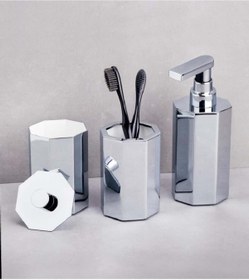 Resim DİZAYNAKS Köşeli Parlak Krom Sıvı Sabunluk Diş Fırçalık Pamukluk Seti 