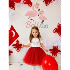 Resim Beu Kids Kız Çocuk Tütü Etek Simli Lastikli Belli Pamuk Astarlı, 5-10 Yaş, Kırmızı & Beyaz 