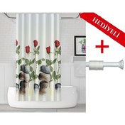 Resim Tropikhome Gül Desen Banyo Perdesi Askı Hediyeli 180x200cm Tek Kanat Duş Perdesi, Kırmızı Banyo Duş Perdesi 