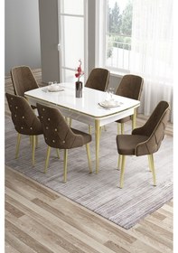Resim Canisa Tia Serisi 80x132 Açılabilir Mdf Mutfak Masası Takımı Beyaz Masa Gold Detay 6 Kahverengi Sandalye Masa Beyaz Sandalye Kahve 