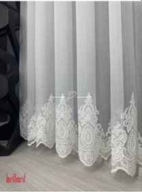 Resim Tül Perde Etek İşleme Aheste Desen Sedef Sim İşlemeli Ekru 