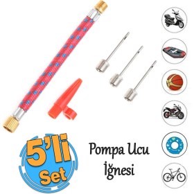 Resim Metal Plastik Pompa Ucu Iğne Seti 5'li Hortum Bağlantılı Bisiklet Top Yat Şambrel Teker Şişirme Jakı 