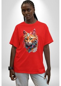 Resim Hayvan Kedi Sanat Potre Pamuklu Bisiklet Yaka Unisex Oversize Boyfriend Dijital Baskılı Kırmızı T-shirt Kırmızı 