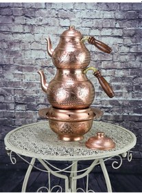 Resim 1 Mm Kalın Gül Çiçek Eskitme Bakır Çaydanlık ve Osmanlı Ocağı Bakır 