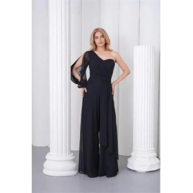 Resim Neşeli Butik Kadın Siyah Tek Kol Astarlı Tül Kumaş Tasarım Abiye Tulum NBS9389 