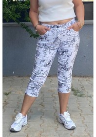 Resim Kadın Beyaz-siyah Yaprak Deseli Kot Kapri Beyaz-siyah 