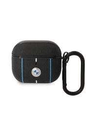 Resim Airpods 3.nesil Uyumlu Kılıf Bmw Lisanslı Pu Deri Mavi Beyaz Çizgili Metal Logolu Siyah 