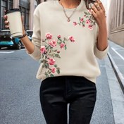 Resim Kadın Yumuşak Kazak - Pastel Morlu Çiçek Desenli, Her Mevsim Katmanlı Gündelik ve Resmi Kıyafetler İçin Temel, Rahat Ofisden Parti Kazak, Kadın Kazak, Günlük Giyim, Yuvarlak Yaka, Rahat Uygun, Çok Yönlü Üst, Geometrik Tasarım, Nefes Alabilen Malzeme, Uzun Kollu Üst, Moda Severler 