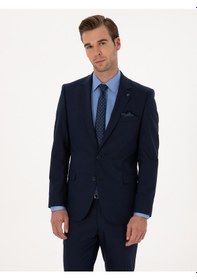 Resim Cacharel Lacivert Slim Fit Yün Karışımlı Mikro Desenli Takım Elbise 
