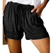 Resim Kadınların Mavi Renkli Rahat Bağcıklı Şortları - Bol Kesim, Ayarlanabilir Bağcıklı, Cep Detaylı, Hafif Polyester Malzeme, Bahar/Yaz/Sonbahar İçin | Rahat Kesim Şortlar | Pürüzsüz Dokulu Şortlar 