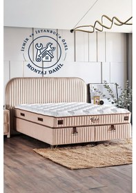 Resim Line Visco Lüks Yatak Seti Tek Kişilik Yaylı, Visco Süngerli Özel Yatak, Krem Baza Ve Başlık Takımı 120 x 200 